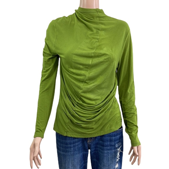 Soft Shirred-Seam Asparagus Draped Mock Neck Ruched Long Sleeve Top - Picture 2 of 16